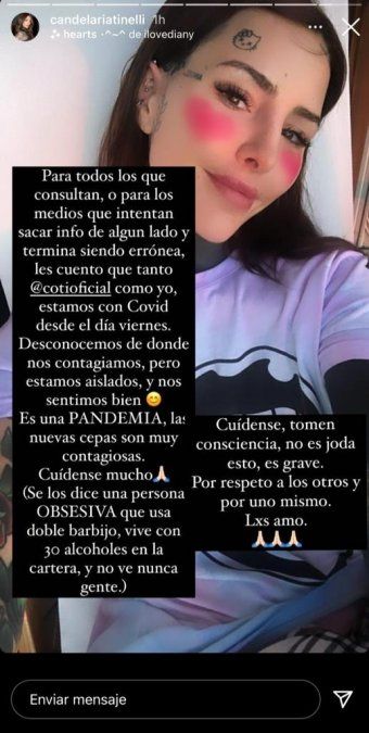 El comunicado de Candelaria Tinelli que confirma que ella y Coti Sorokin tienen covid-19. 