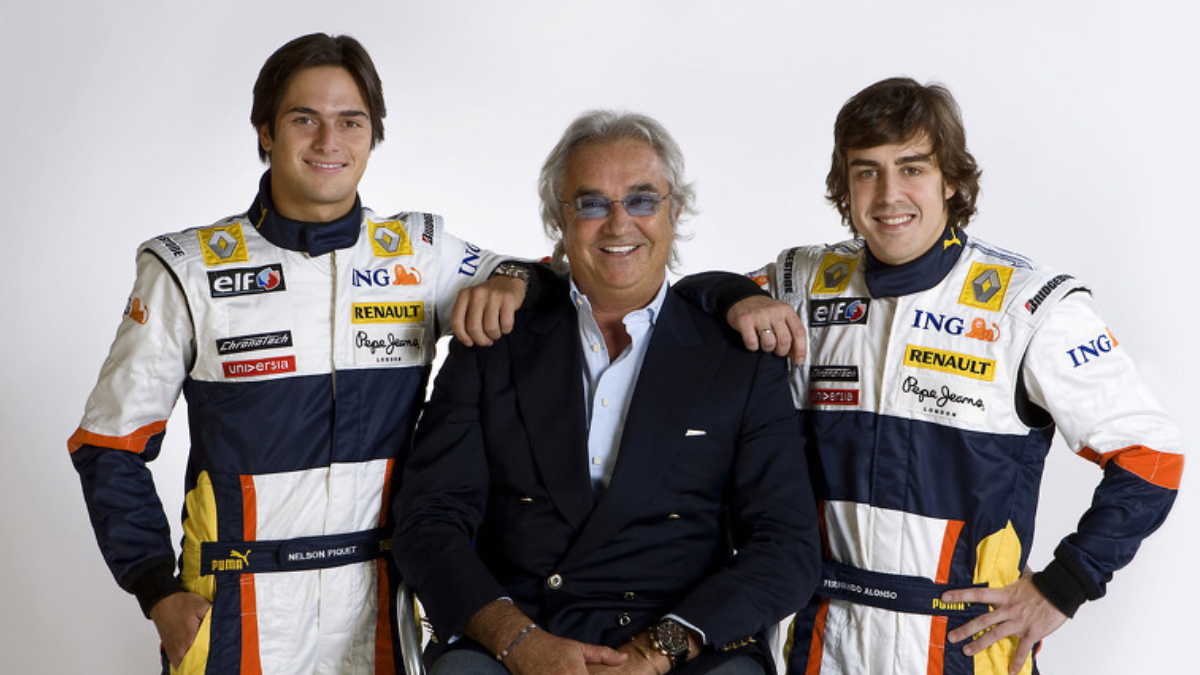 Nelson Piquet Jr. junto a Flavio Briatore y Fernando Alonso. Nelson Piquet Jr. junto a Flavio Briatore y Fernando Alonso.