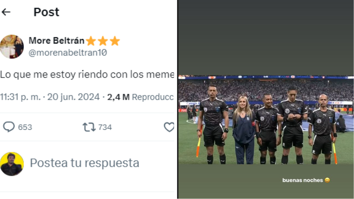 Los posteos de Morena Beltrán tras su aparición con los árbitros en el partido de Argentina en al Copa América. Los posteos de Morena Beltrán tras su aparición con los árbitros en el partido de Argentina en al Copa América.