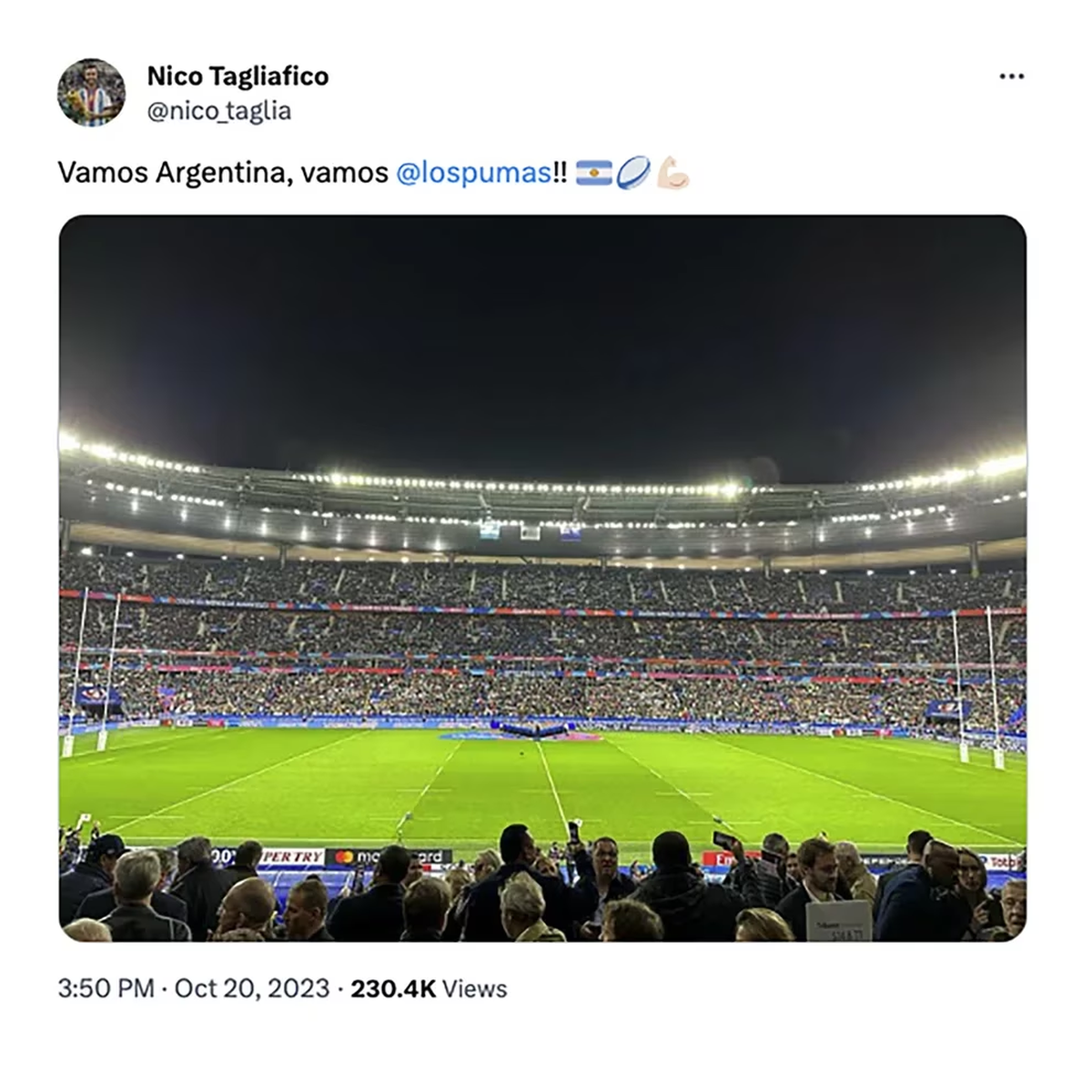 Tagliafico estuvo presente en el partido de Los Pumas vs. All Blacks, por el Mundial de Rugby. Tagliafico estuvo presente en el partido de Los Pumas vs. All Blacks, por el Mundial de Rugby.