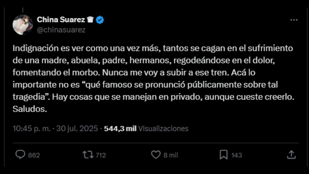 La China Suárez no dudó en mostrar su enojo a través de una publicación en X. La China Suárez no dudó en mostrar su enojo a través de una publicación en X.