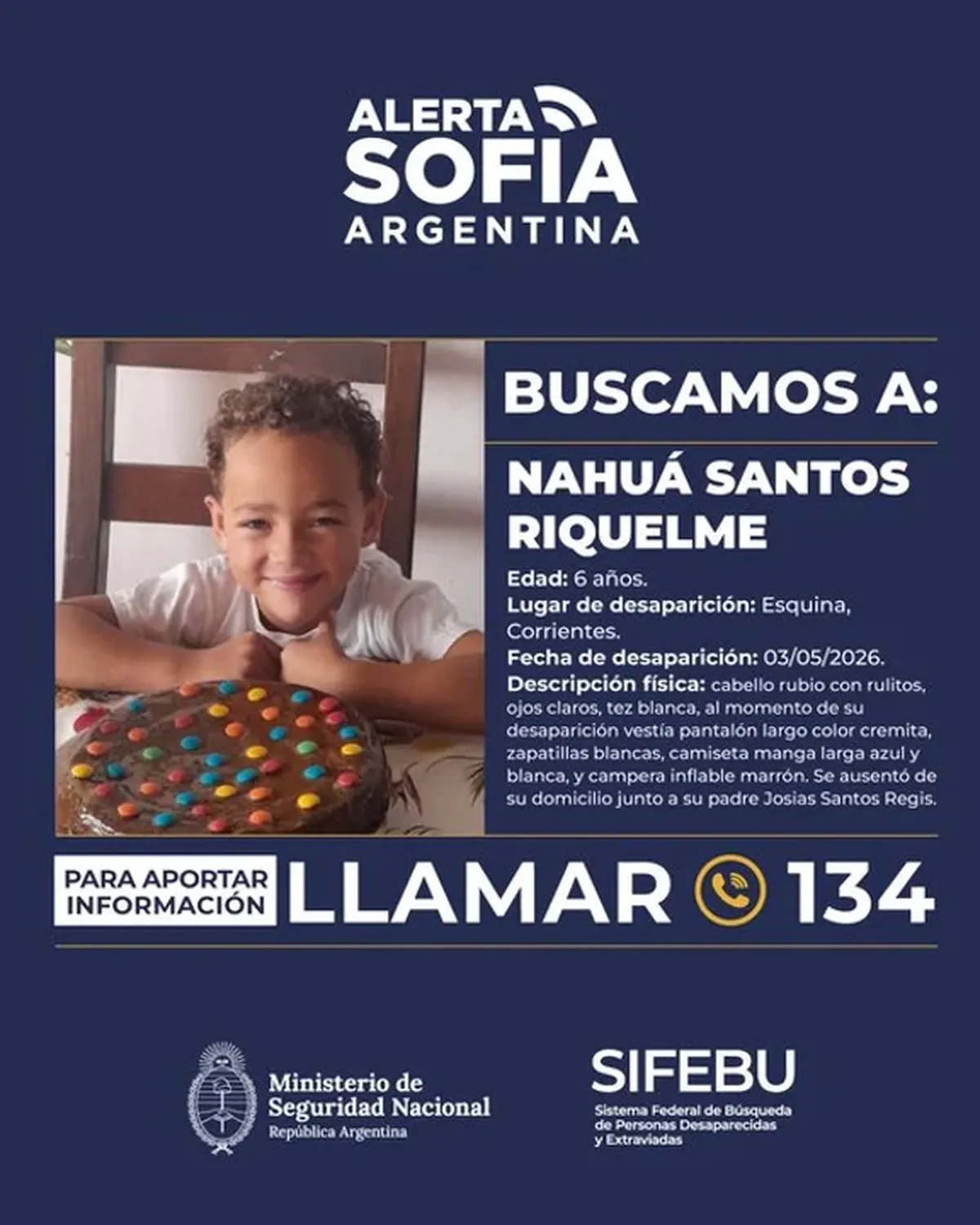 El Ministerio de Seguridad informó este lunes que activó el Alerta Sofía por la desaparición de Nahuá Santos Riquelme