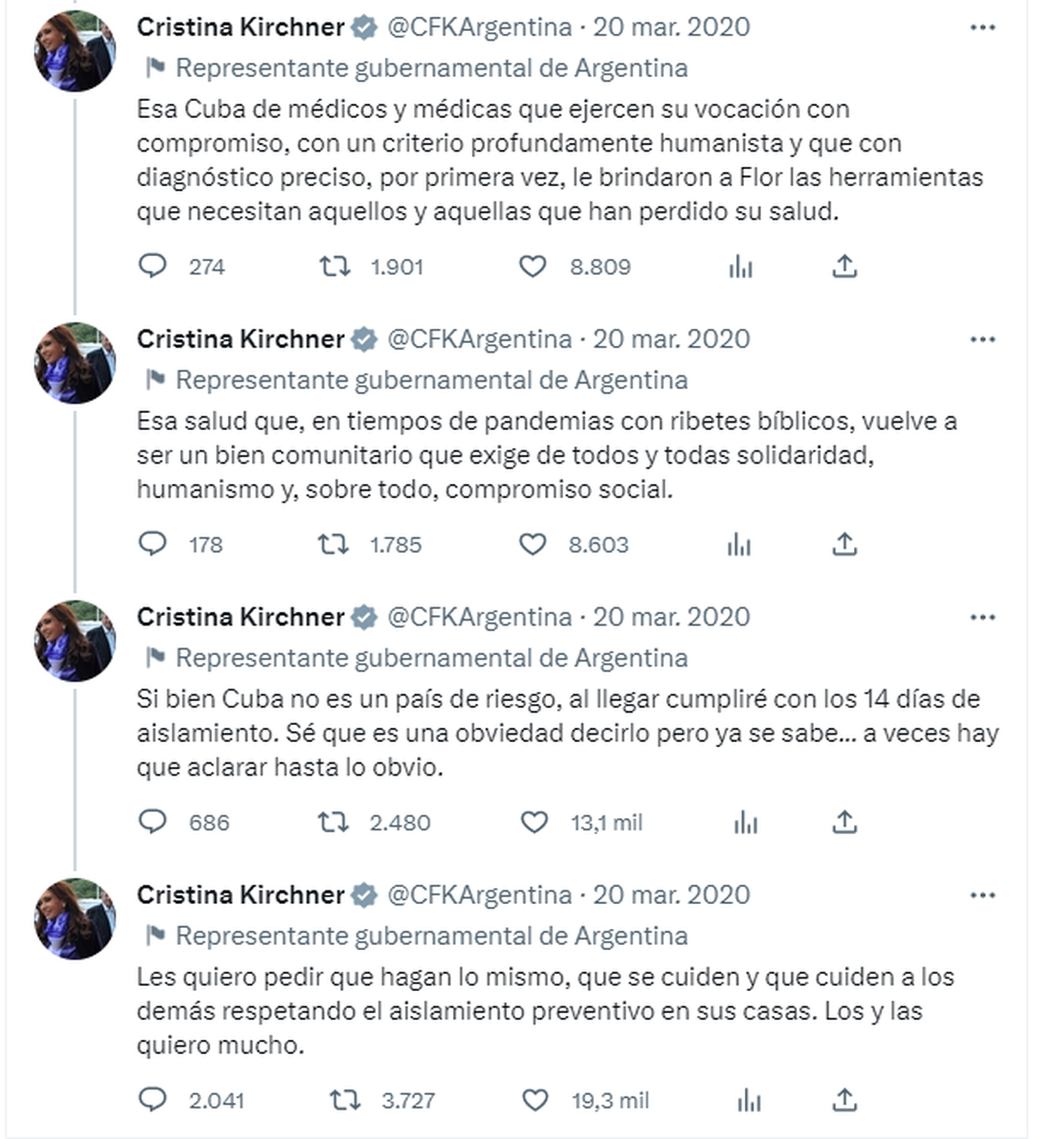 Cristina Kirchner anunció a fines de marzo de 2020 el retorno de Florencia Kirchner a Argentina.