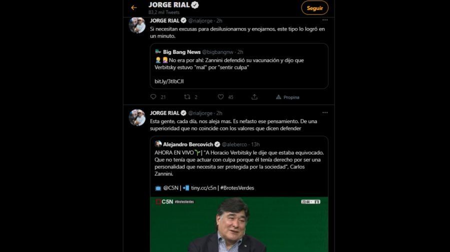 El descargo de Jorge Rial contra Carlos Zannini en redes. 