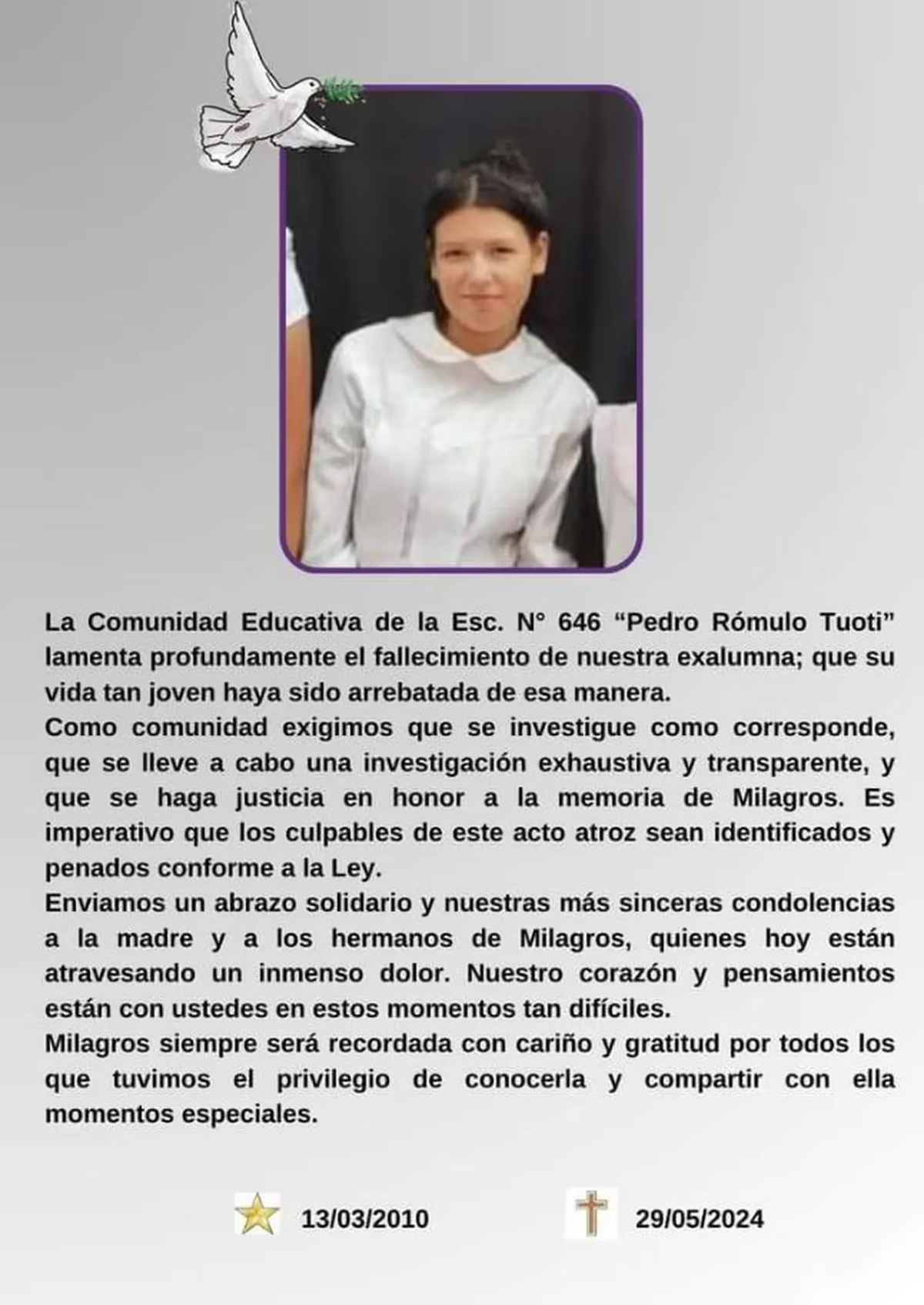 El reclamo de las autoridades de la escuela primaria a la que asistió la víctima. (Foto: gentileza El Libertador). El reclamo de las autoridades de la escuela primaria a la que asistió la víctima. (Foto: gentileza El Libertador).