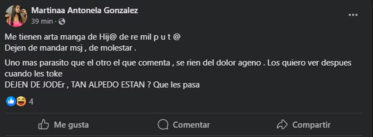 La prima mostró su indignación a través de sus redes sociales. La prima mostró su indignación a través de sus redes sociales.