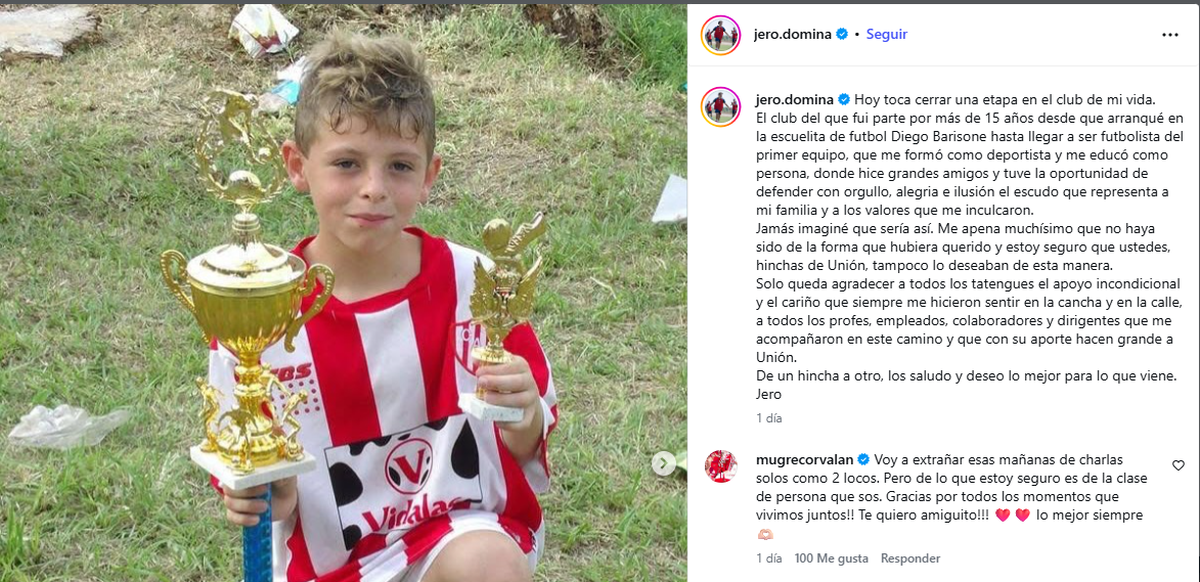 La despedida de Jer&oacute;nimo D&oacute;mina v&iacute;a Instagram y el comentario del capit&aacute;n "Mugre" Corval&aacute;n.