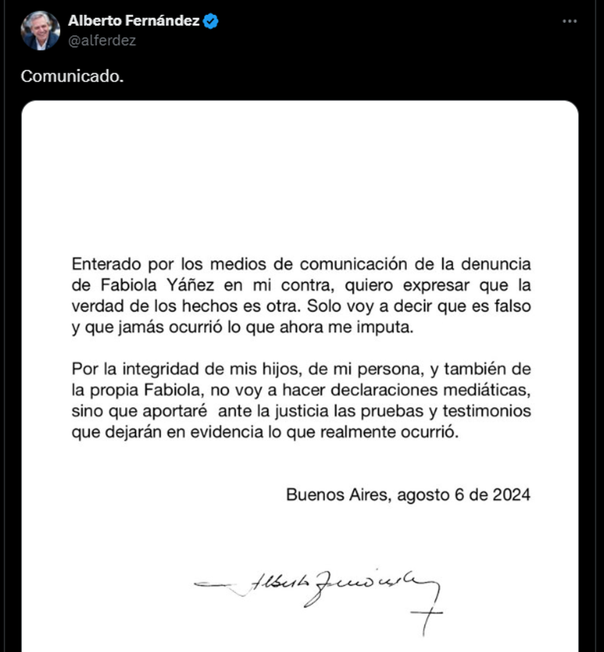 Alberto Fernández negó haber ejercido violencia de género contra Fabiola Yáñez. Alberto Fernández negó haber ejercido violencia de género contra Fabiola Yáñez.