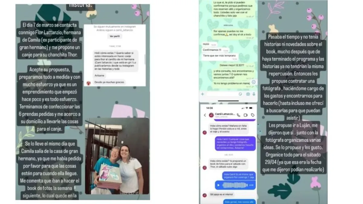 Una emprendedora fabricante de ropa para mascotas acusó a Camila Lattanzio, ex Gran Hermano, de no cumplir su parte de un canje.