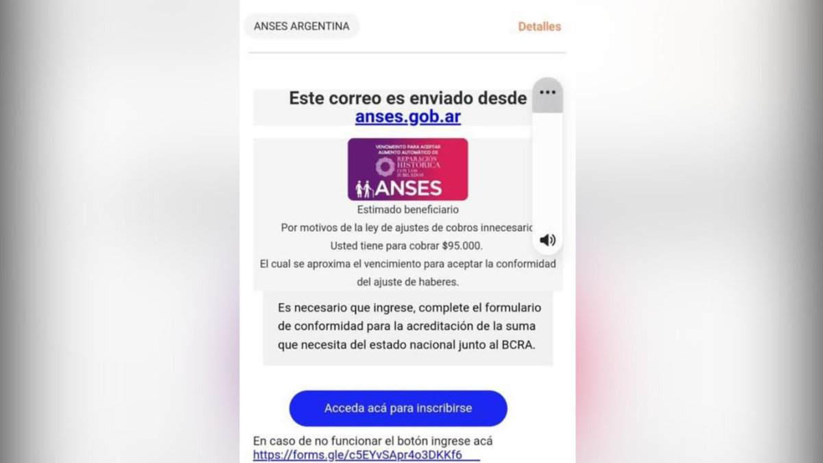 El correo es enviado desde anses.gob.ar reza y advierte que para acceder a 95.000 pesos la persona debe completar sus datos.