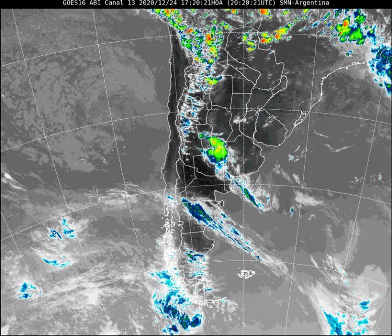 En la imagen satelital del jueves 24 de diciembre se observa que el cielo continúa despejado en el centro de la provincia de Santa Fe, pero se visibiliza algo de nubosidad sobre la provincia de Córdoba que se desplaza desde el oeste.