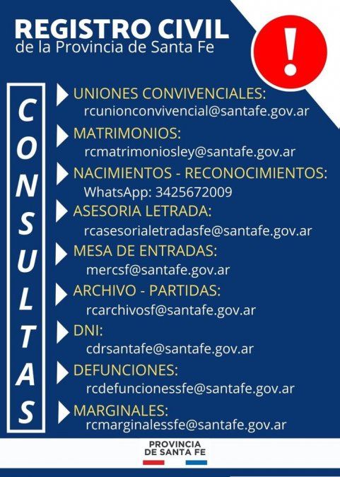Todos los datos de contacto con el Registro Civil para sacar turnos o comunicarse con mesa de entradas.