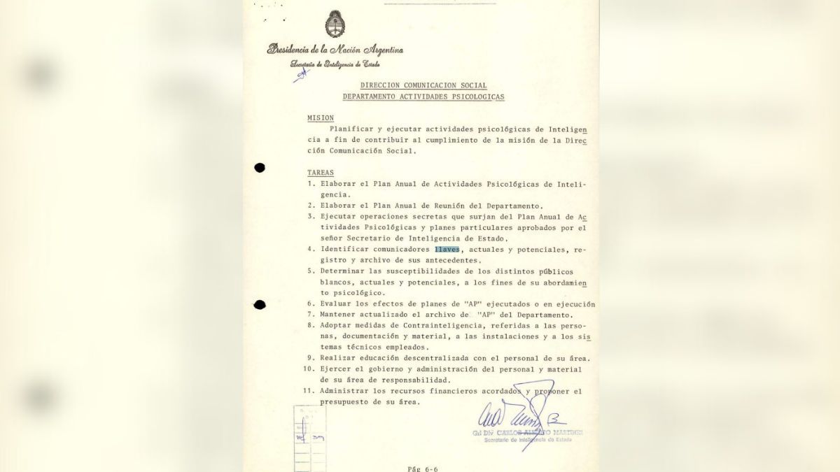 Captura de uno de los documentos que aparecen en el archivo desclasificado por la SIDE (1/2). 