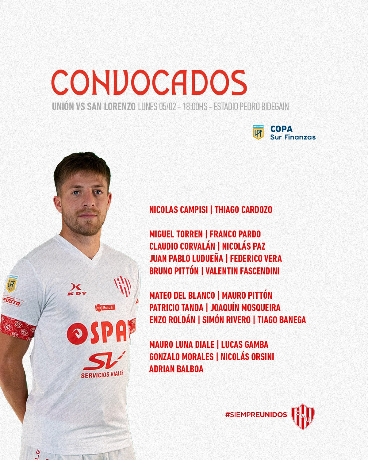 Los convocados por el Kily González para Unión vs. San Lorenzo. Los convocados por el Kily González para Unión vs. San Lorenzo.