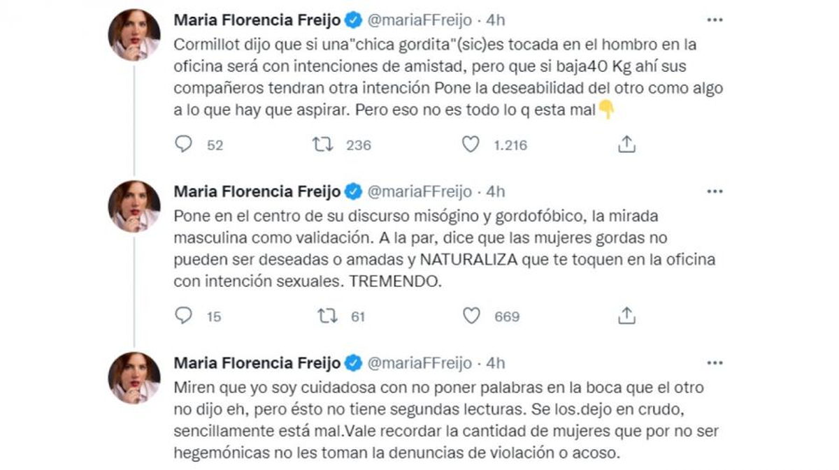 La respuesta de Florencia Feijo sobre los dichos de Alberto Cormillot.
