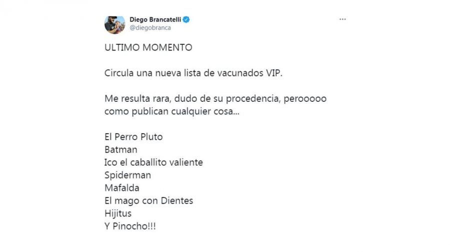 El tuit de Diego Bancáteles por la lista falsa de vacunados VIP 