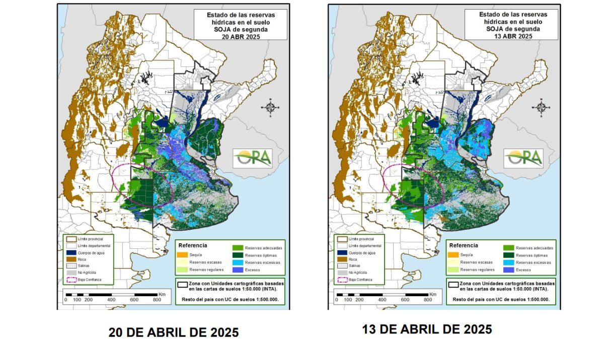 Los mapas corresponden a la estimación de contenido de agua en el primer metro de suelo, considerando una cobertura de soja de segunda. 