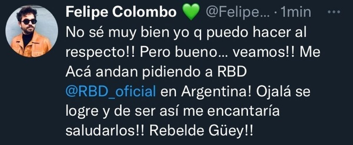El mexicano Felipe Colombo se sumó al pedido por RBD en Argentina.