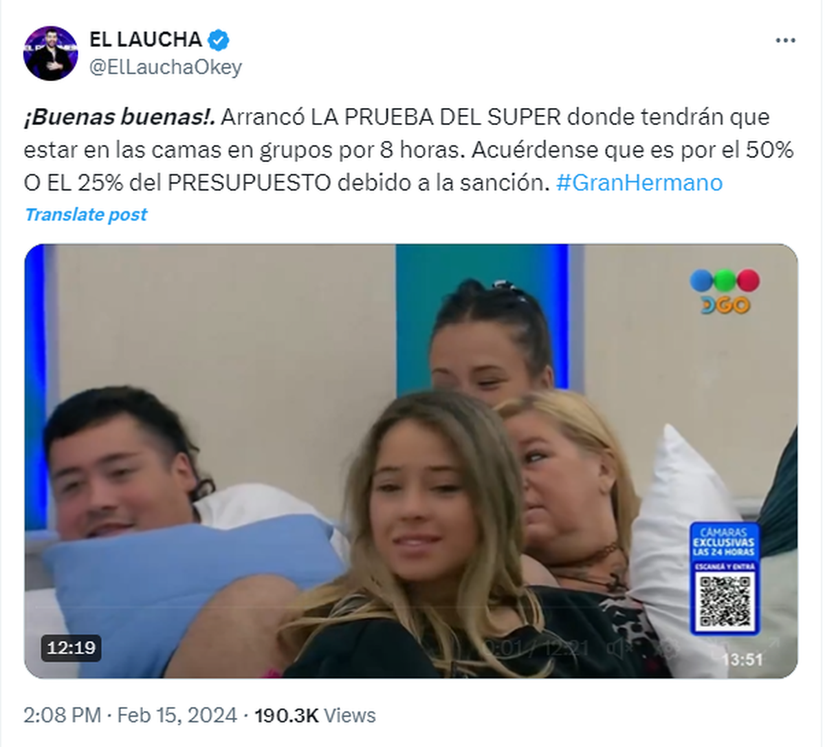 La prueba semanal de Gran Hermano comenzó. La prueba semanal de Gran Hermano comenzó. 