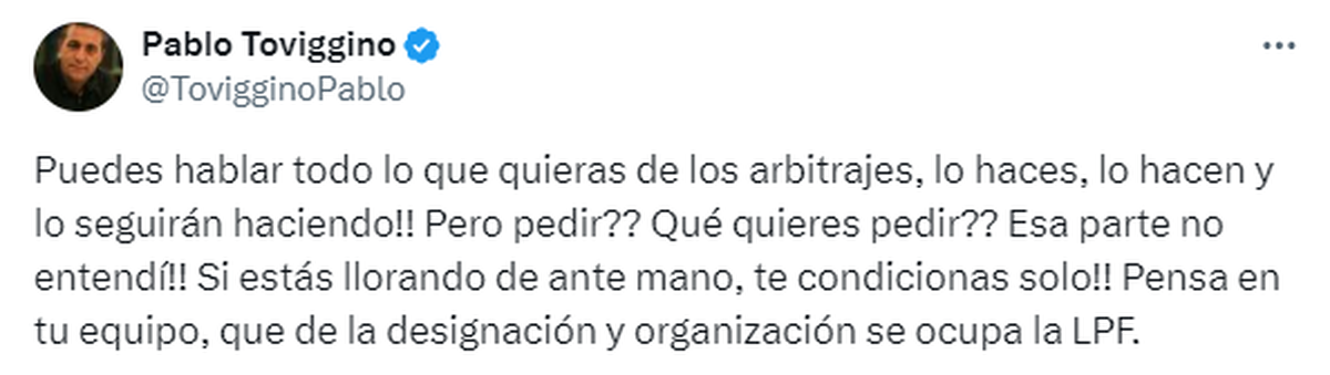 La respuesta de Pablo Toviggino a Eduardo Domínguez en X. La respuesta de Pablo Toviggino a Eduardo Domínguez en X.