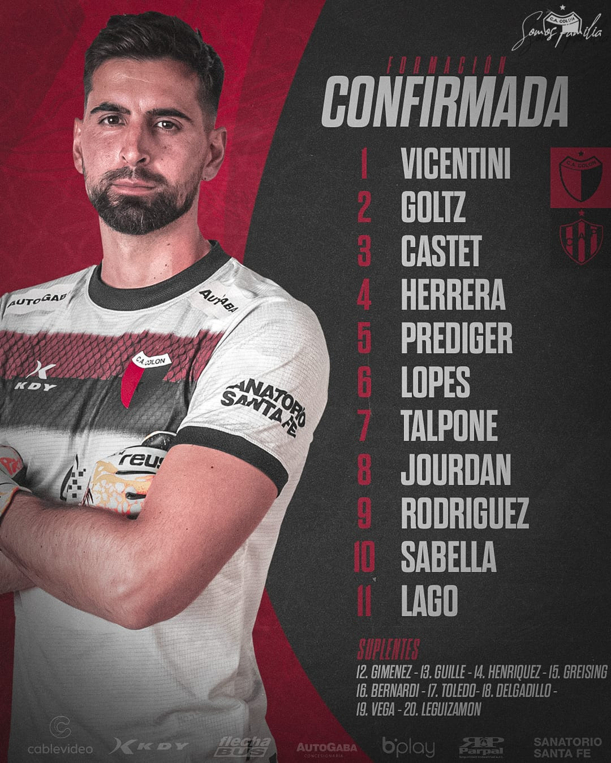 La formación confirmada de Colón vs. Patronato. La formación confirmada de Colón vs. Patronato.