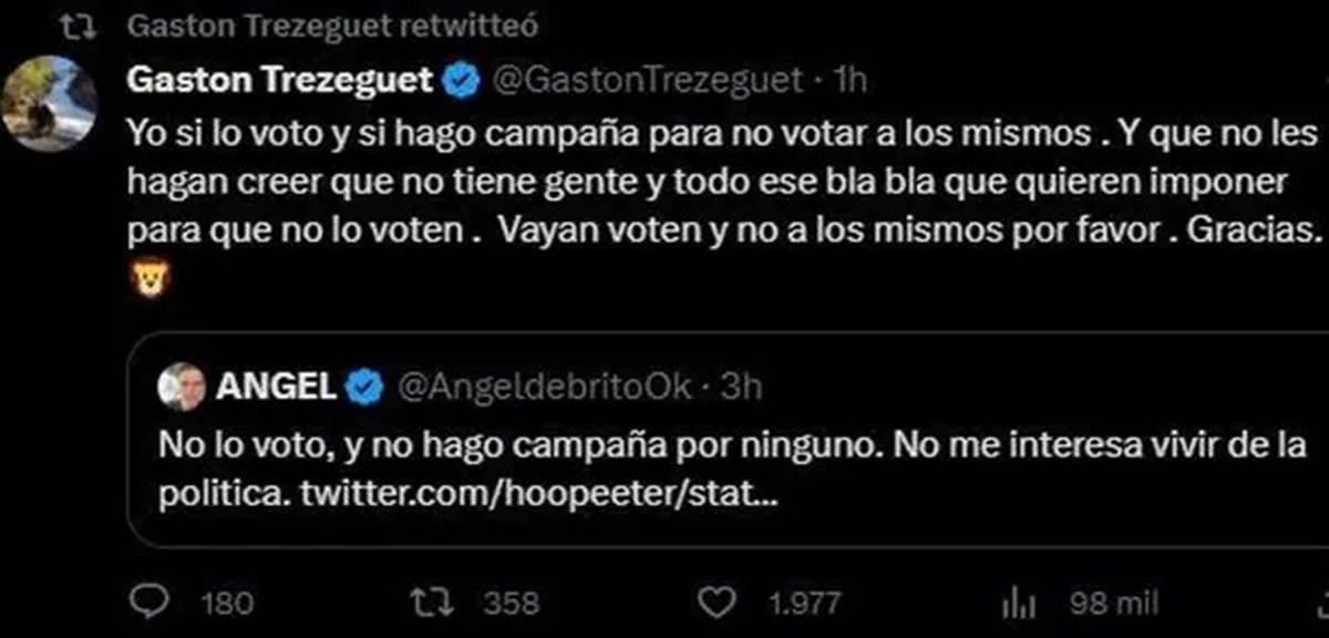 Los tuit de Gastón Trezeguet apoyando a Milei. Los tuit de Gastón Trezeguet apoyando a Milei.