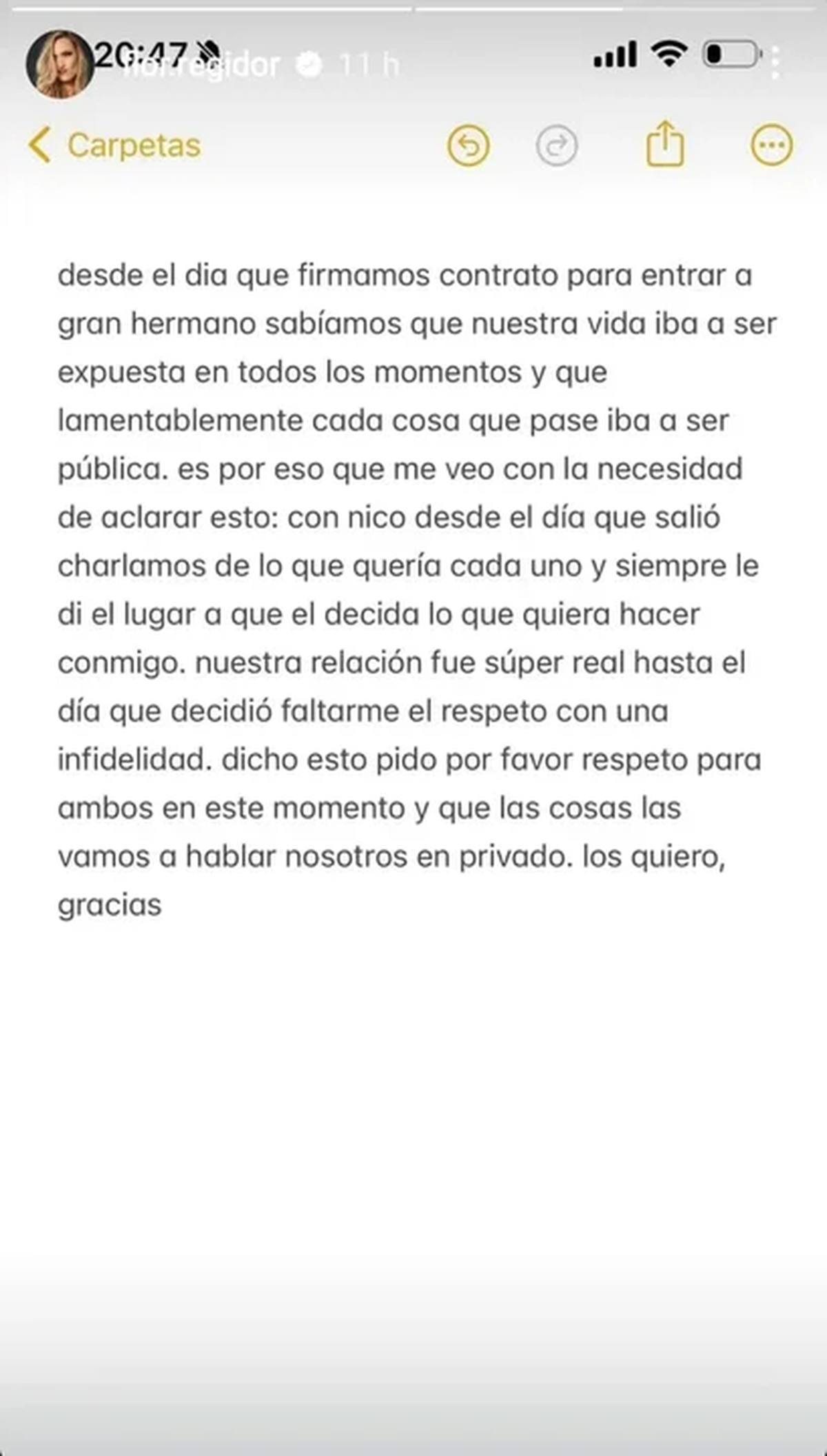 Florencia Regidor, ex participante de Gran Hermano, confirmó este fin de semana su separación de Nicolás Grosman. Florencia Regidor, ex participante de Gran Hermano, confirmó este fin de semana su separación de Nicolás Grosman.