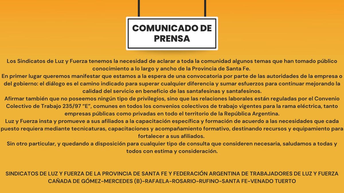 Comunicado emitido por los Sindicatos de Luz y Fuerza, luego de que trascendiera la decisión del Gobierno de Santa Fe de modificar el sistema de ingresos a la EPE.