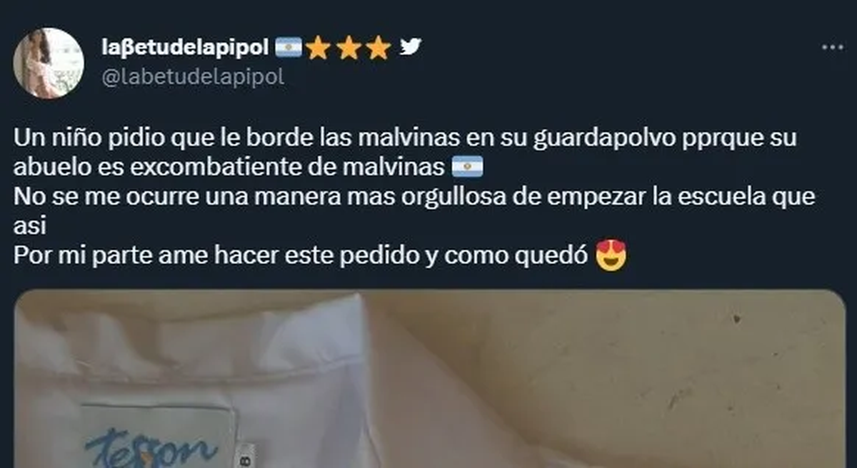 El pedido para bordar las Malvinas que compartió la usuaria de Twitter.