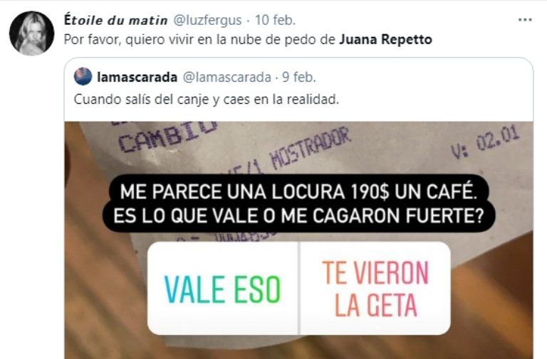 Juana Repetto decidió compartir con todos sus seguidores de Instagram la sorpresa que se llevó cuando se sentó en un bar a tomar un café y le llegó la cuenta