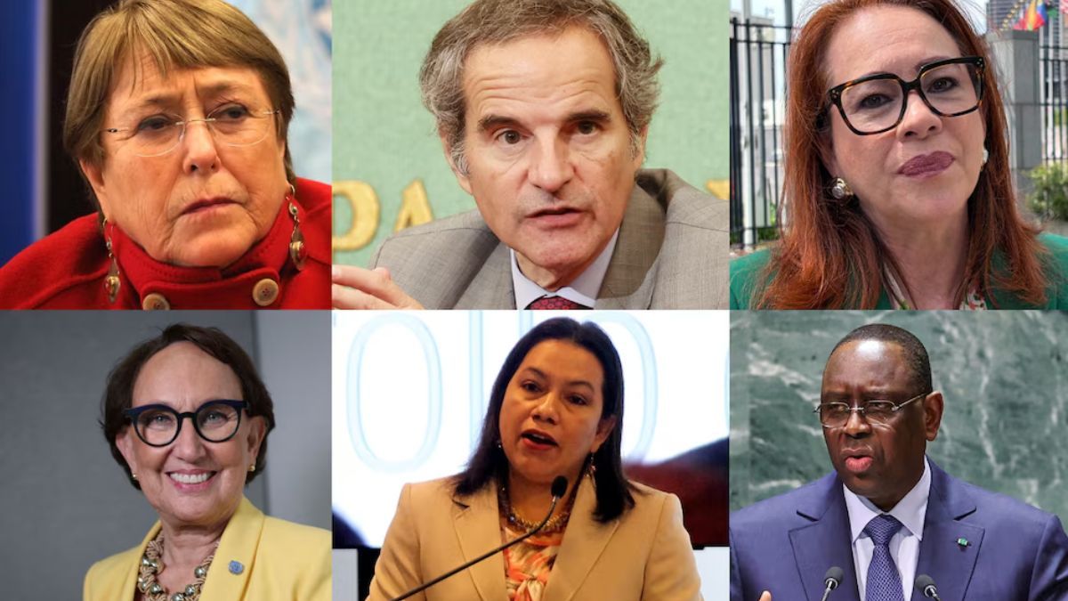 Candidatos a secretario general de la ONU: Michelle Bachelet (Chile), Rafael Grossi (Argentina), María Fernanda Espinosa (Ecuador), Rebeca Grynspan (Costa Rica), Carolyn Rodrigues-Birkett (Guyana) y Macky Sall (Senegal). Candidatos a secretario general de la ONU: Michelle Bachelet (Chile), Rafael Grossi (Argentina), María Fernanda Espinosa (Ecuador), Rebeca Grynspan (Costa Rica), Carolyn Rodrigues-Birkett (Guyana) y Macky Sall (Senegal).