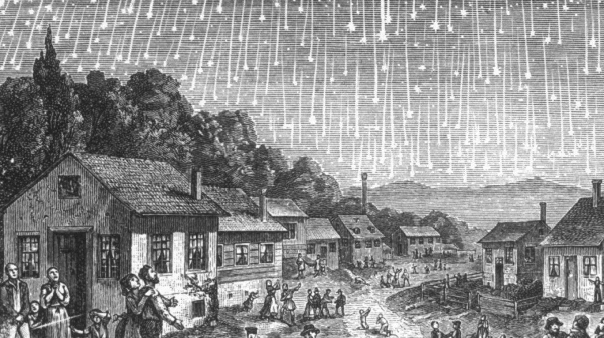 Ilustración de la lluvia de estrellas Leónidas en 1833, en Estados Unidos.