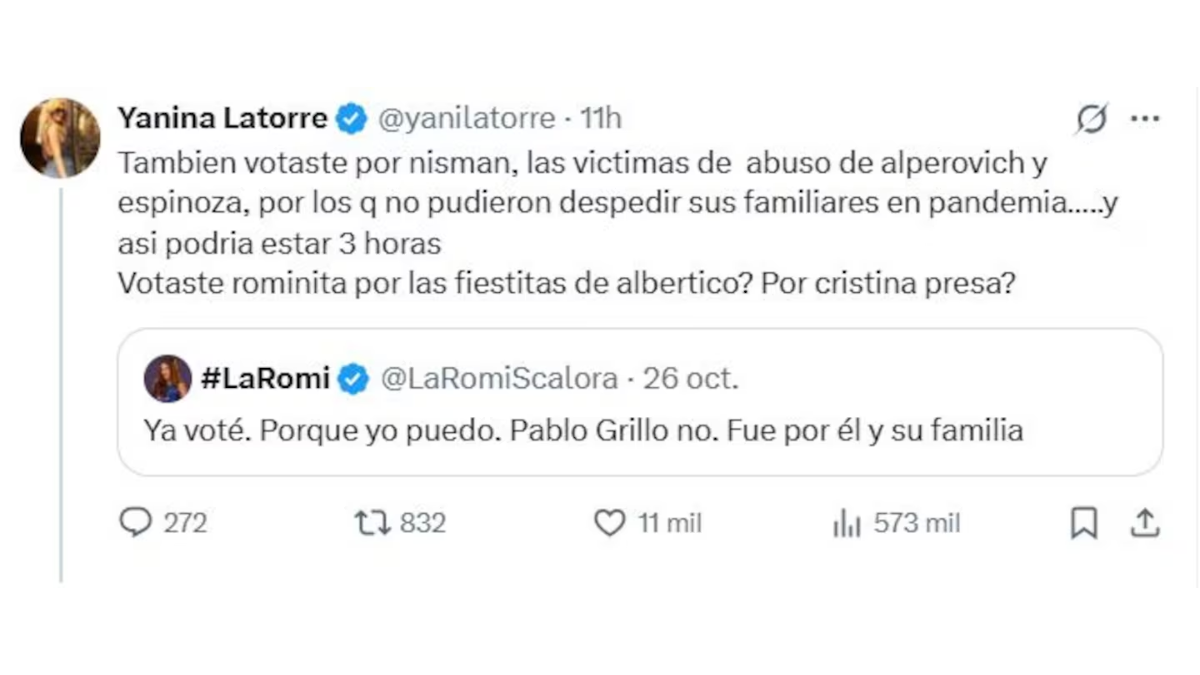Yanina Latorre se cruzó con Romina Scalora en las redes. Yanina Latorre se cruzó con Romina Scalora en las redes.