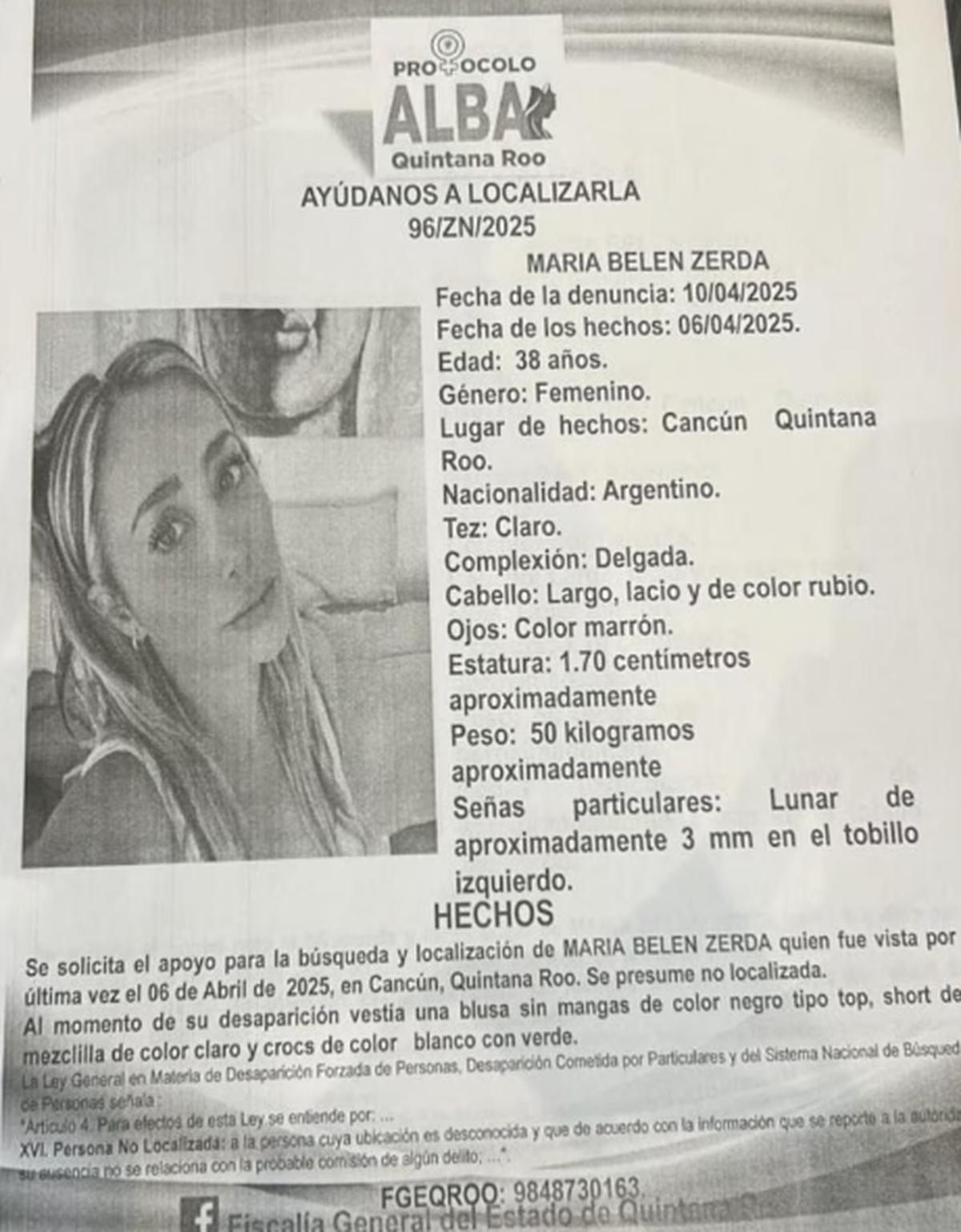 María Belén Zerda lleva desaparecida desde el 6 de abril en Cancún. María Belén Zerda lleva desaparecida desde el 6 de abril en Cancún.