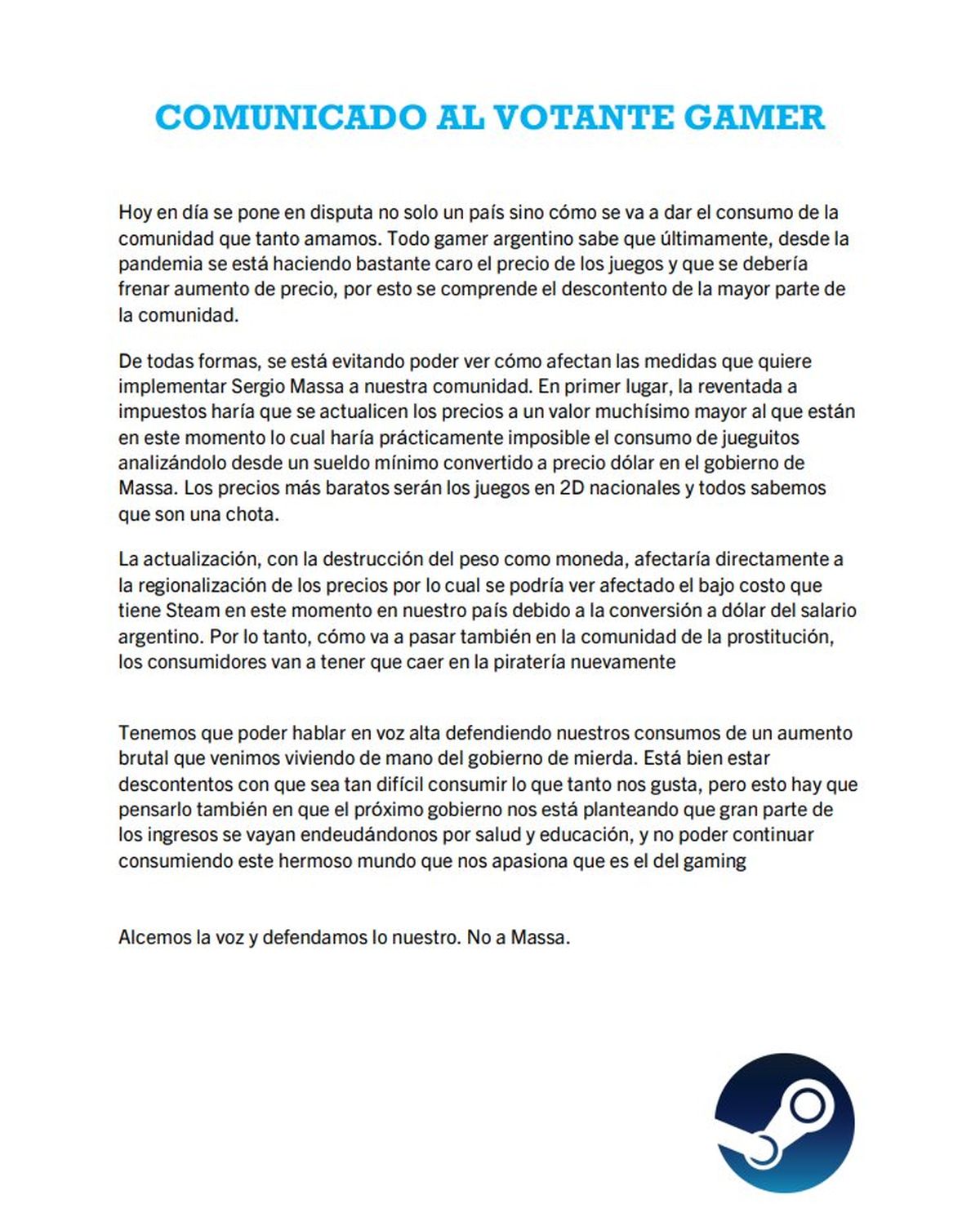 Los gamers argentinos se pronunciaron en contra de Sergio Massa y a favor de Javier Milei. Los gamers argentinos se pronunciaron en contra de Sergio Massa y a favor de Javier Milei.