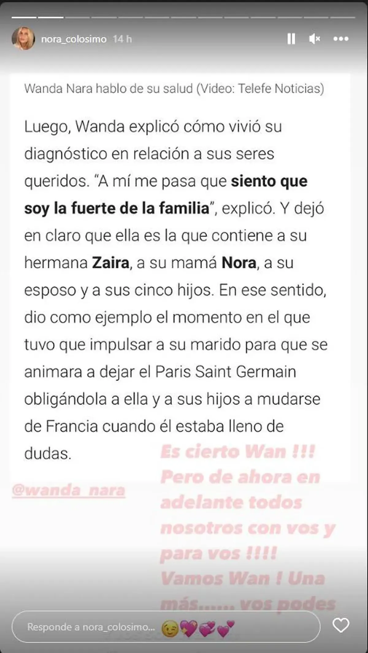 Nora, la mamá de Wanda Nara, habló sobre la salud de su hija.