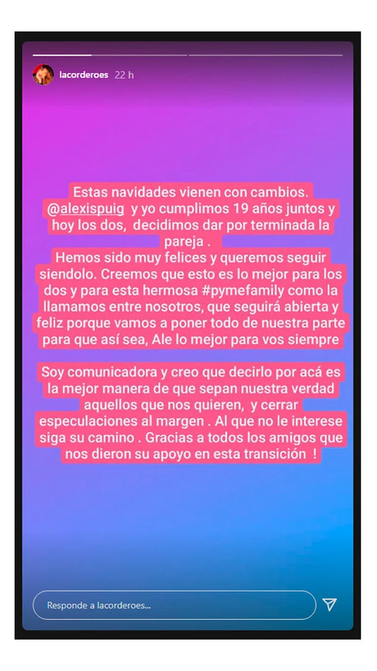 El comunicado de Lola Cordero en su Instagram.