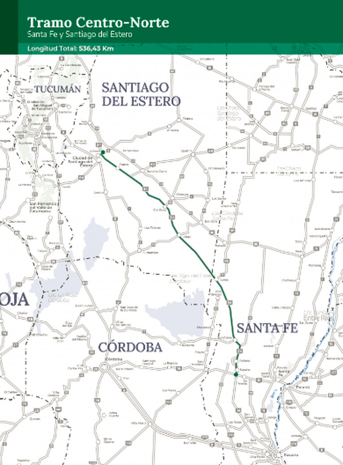 Uno de los corredores más extensos que atraviesa la provincia es el Tramo Centro-Norte, de más de 356 kilómetros, que conecta Santa Fe con Santiago del Estero a través de la Ruta Nacional 34. Uno de los corredores más extensos que atraviesa la provincia es el Tramo Centro-Norte, de más de 356 kilómetros, que conecta Santa Fe con Santiago del Estero a través de la Ruta Nacional 34.