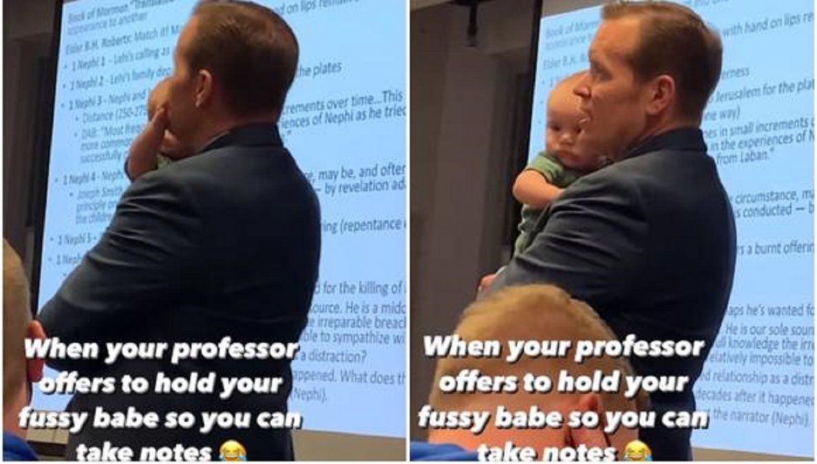 Un profesor alzó al bebé de una alumna para que ella pudiera prestar atención a la clase.
