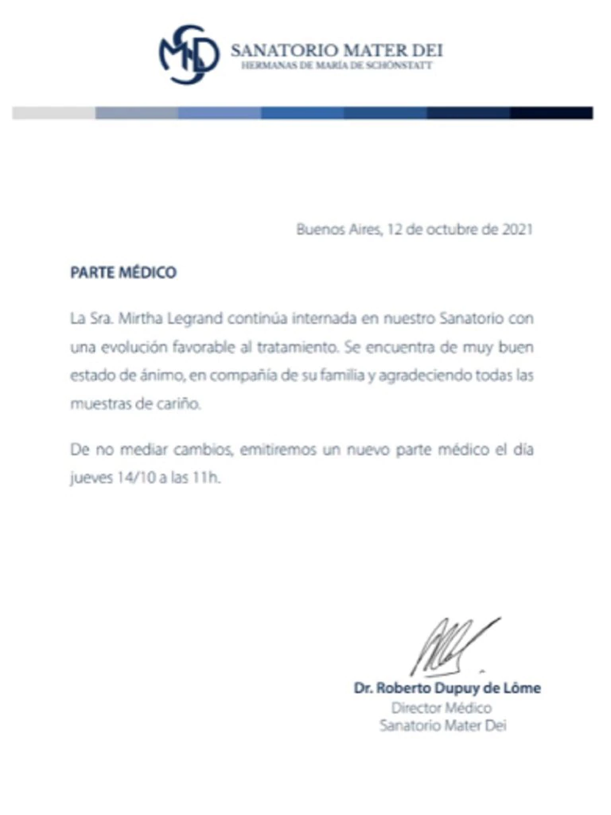 El nuevo parte médico de Mirtha Legrand.