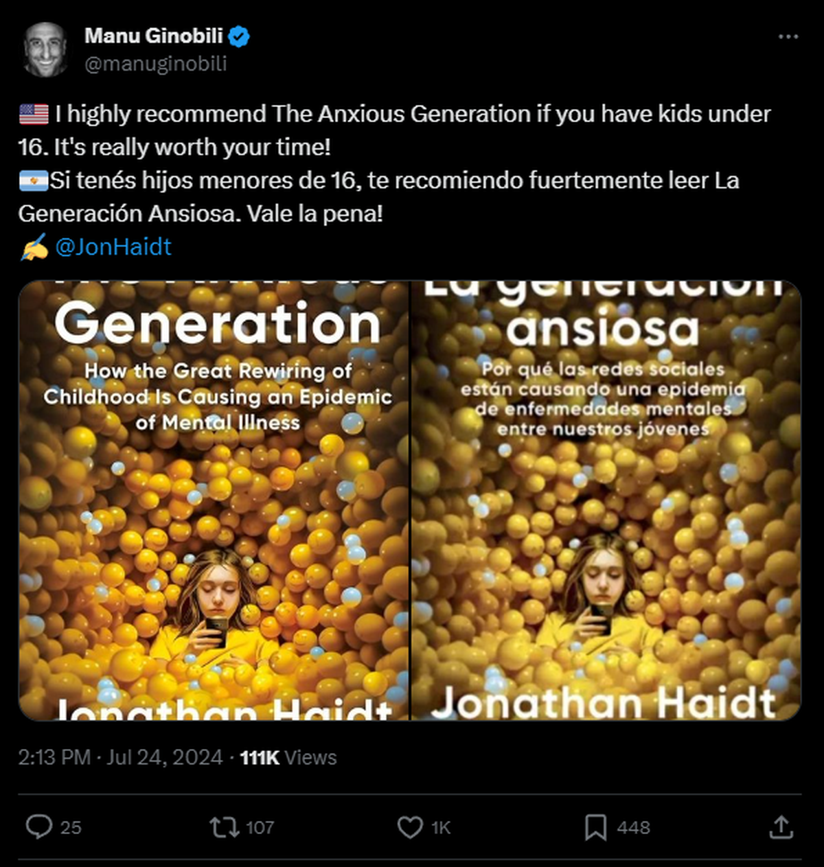 Manu Ginóbili recomendó “La generación ansiosa” desde su cuenta de X (Twitter). Manu Ginóbili recomendó “La generación ansiosa” desde su cuenta de X (Twitter).