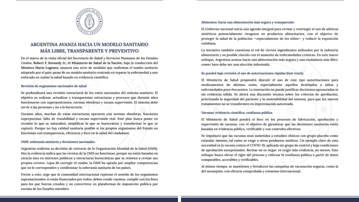 El Gobierno anunci&oacute; una reforma del sistema sanitario y confirm&oacute; la salida de la OMS