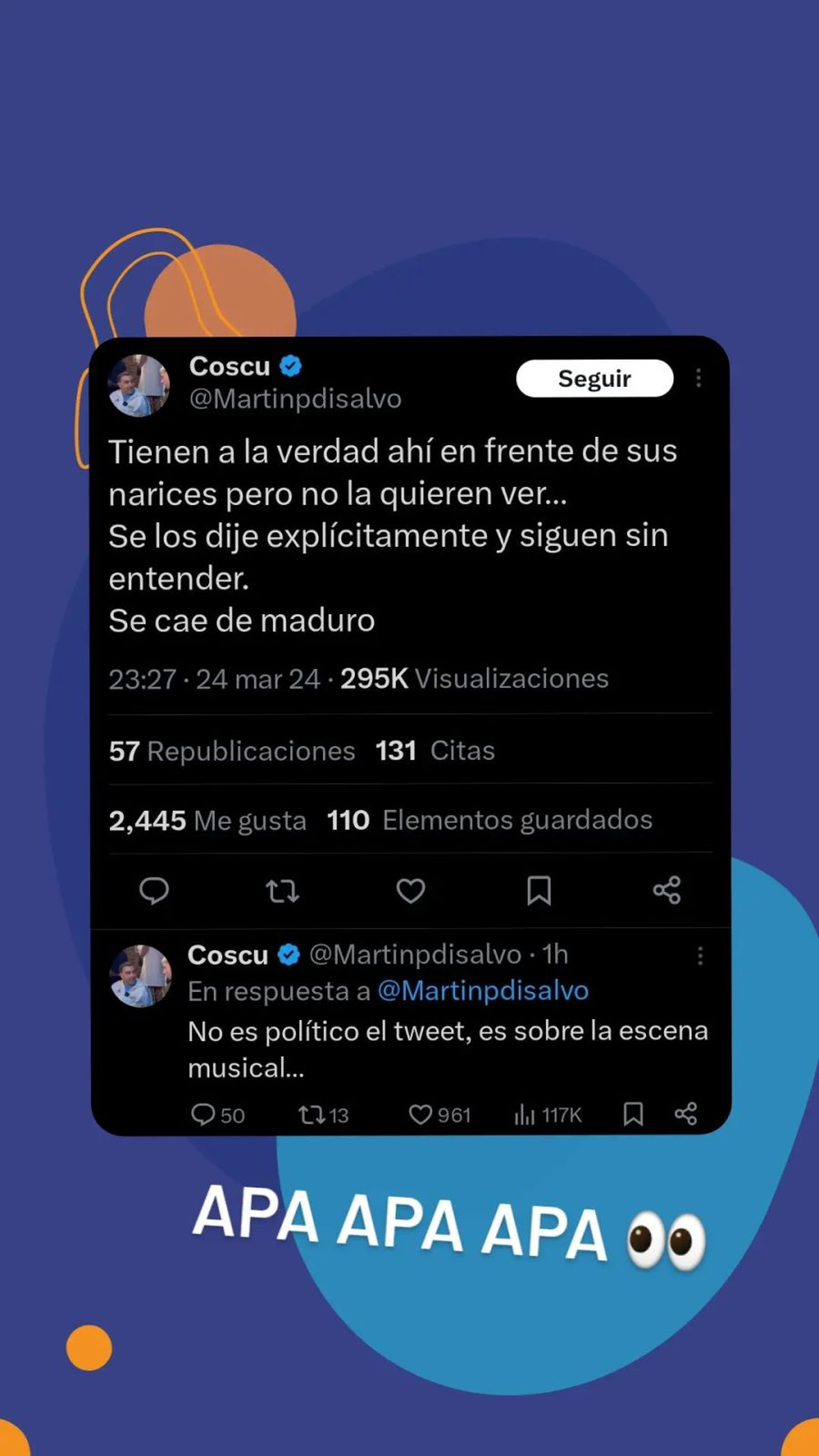 Coscu publicó un mensaje sobre la escena musical argentina. Coscu publicó un mensaje sobre la escena musical argentina.