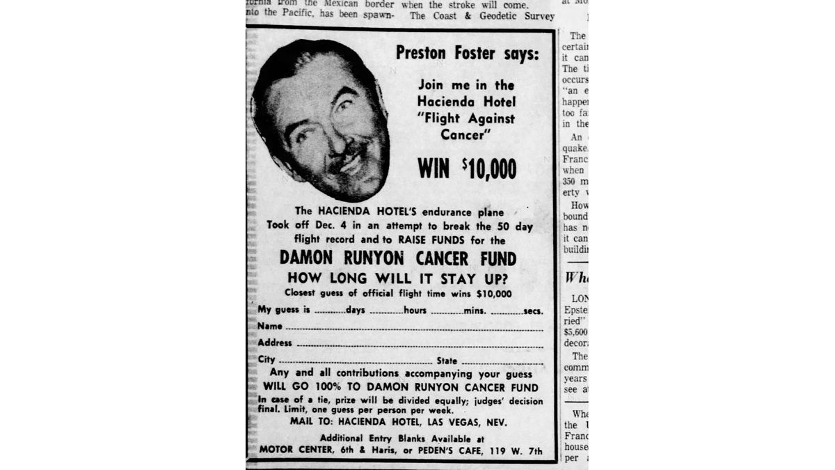 Para incrementar el interés, se anunció que este vuelo se destinaría a recaudar fondos para la Fundación de Investigación del Cáncer Damon Runyon. El dueño del hotel convocó a Preston Foster (foto), un conocido comentarista radial y actor, para que trabajara como gerente de Operaciones en tierra. Para incrementar el interés, se anunció que este vuelo se destinaría a recaudar fondos para la Fundación de Investigación del Cáncer Damon Runyon. El dueño del hotel convocó a Preston Foster (foto), un conocido comentarista radial y actor, para que trabajara como gerente de Operaciones en tierra.