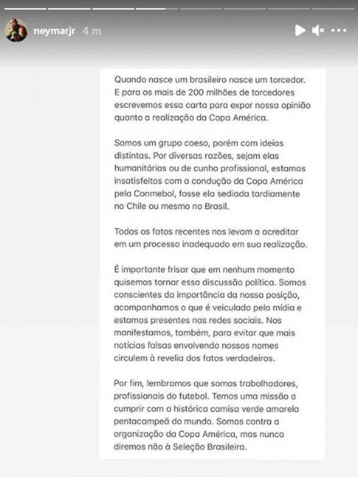 Neymar publicó un escrito sobre la decisión del plantel de Brasil sobre disputar la Copa América en su país.