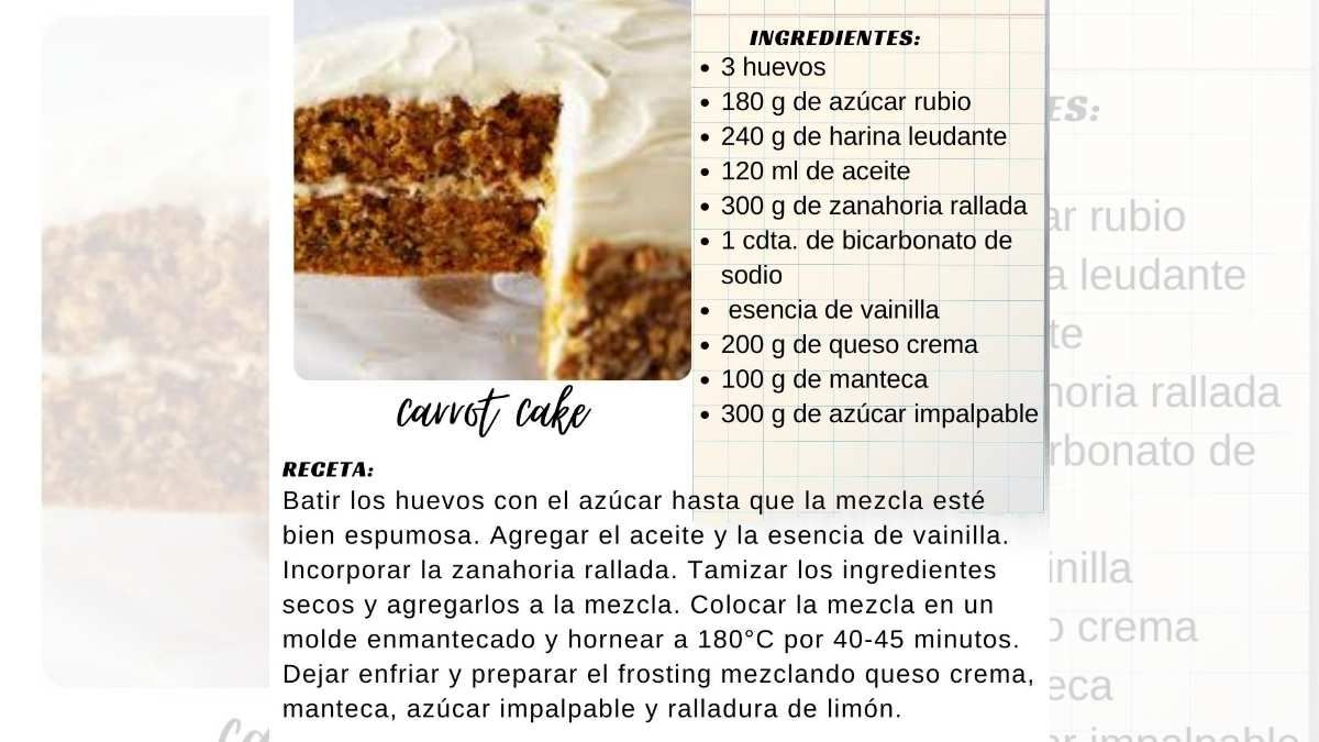 Receta de carrot cake o torta de zanahorias. Receta de carrot cake o torta de zanahorias.