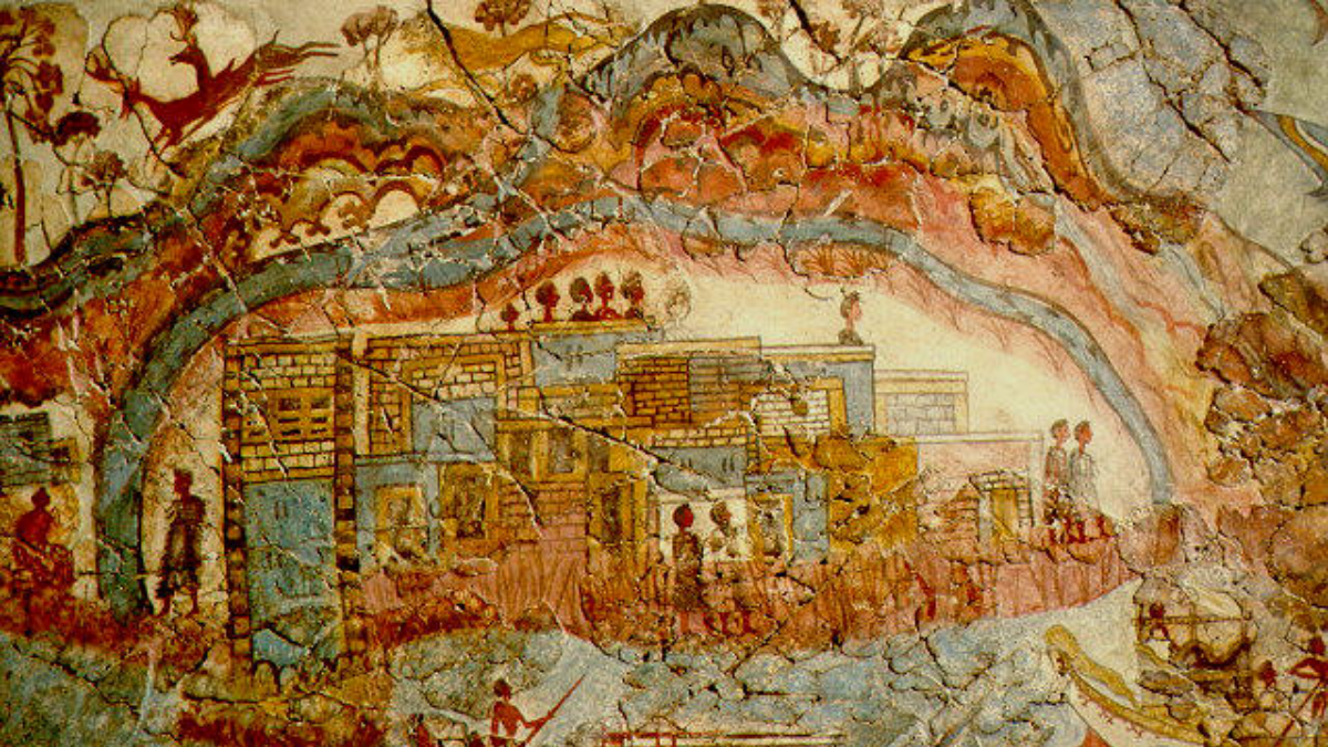 Fresco en la isla de Thera. Representa una ciudad-palacio rodeada por varios cercos de agua, con sus habitantes asomados en las terrazas. Barcos adornados, leones, gacelas y delfines la reodean.