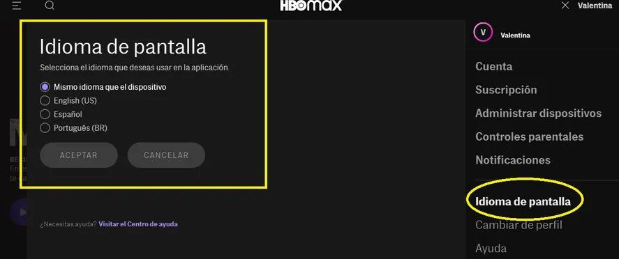Cómo cambiar el idioma de la app HBO.