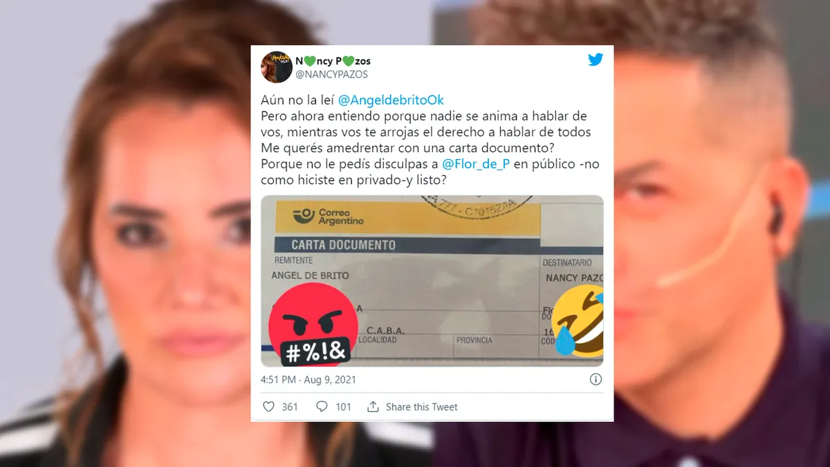 En las &uacute;ltimas horas, se conoci&oacute; que &Aacute;ngel de Brito le envi&oacute; carta documento a Nancy Pazos tras sus declaraciones en el programa de Am&eacute;rica TV.