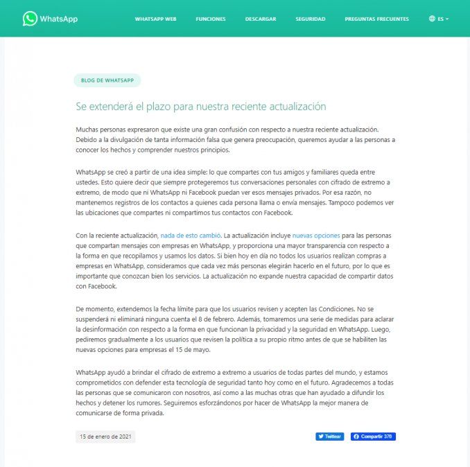 WhatsApp anunció este viernes que retrasará los cambios para que sean analizados con tiempo y aseguró que las conversaciones y mensajes privados están protegido.